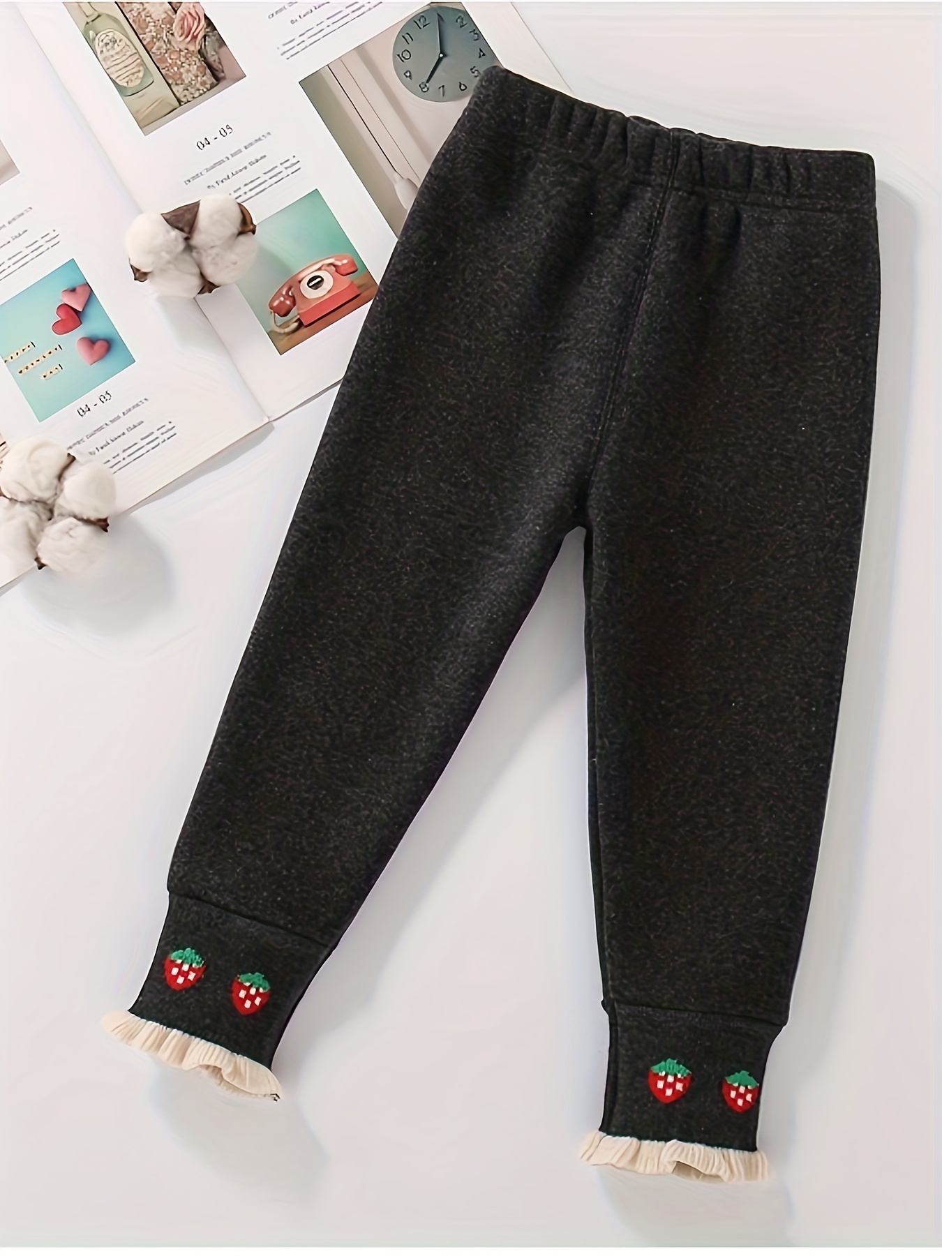 Cotton Thick Warm Strawberry Embroidery Ribbed Leggings - Temu