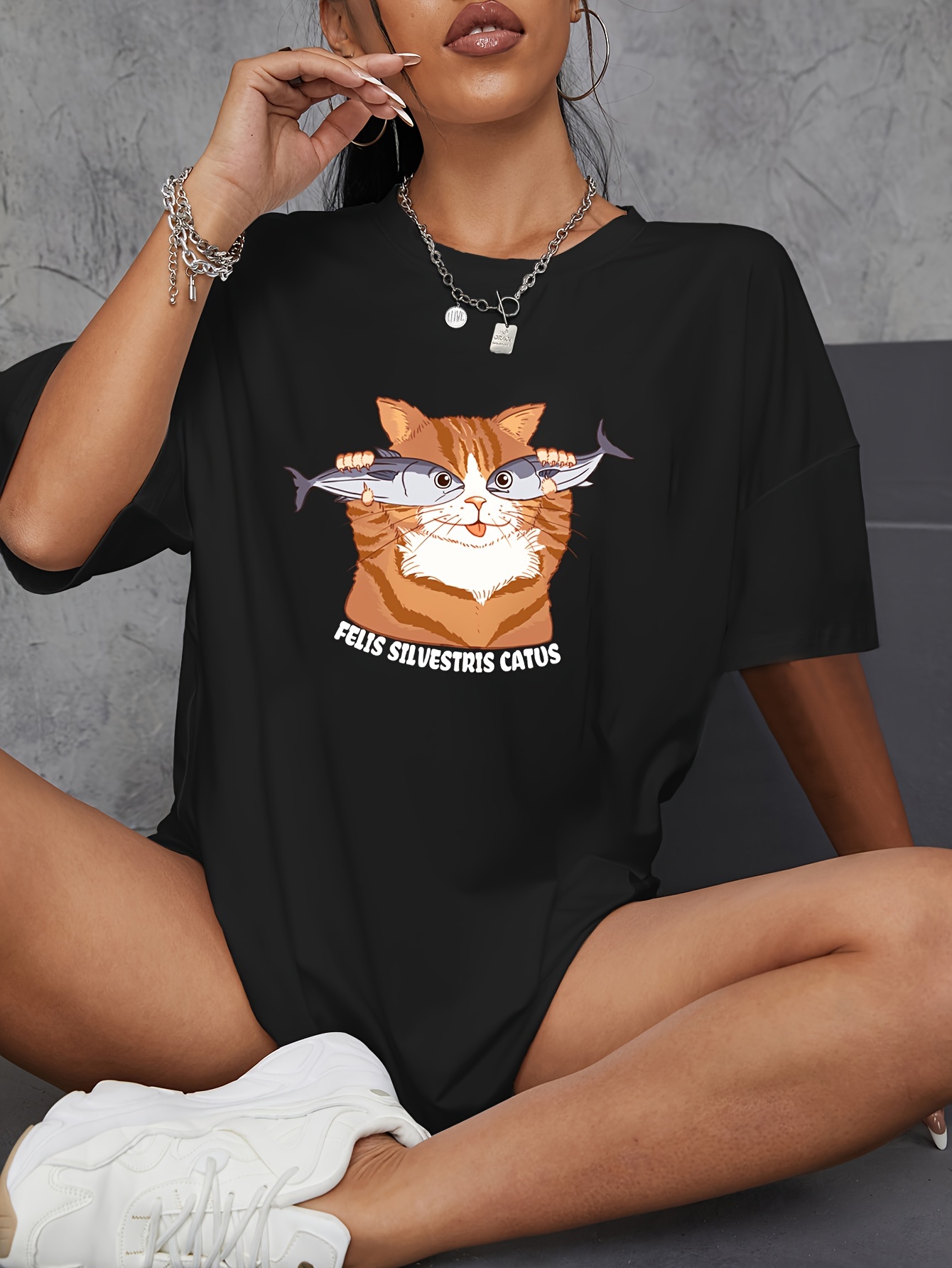Cat & Fish Print Casual T-Shirt, Short Sleeves Round Neck Stretchy Sports  Top, Women's Sporty Activewear