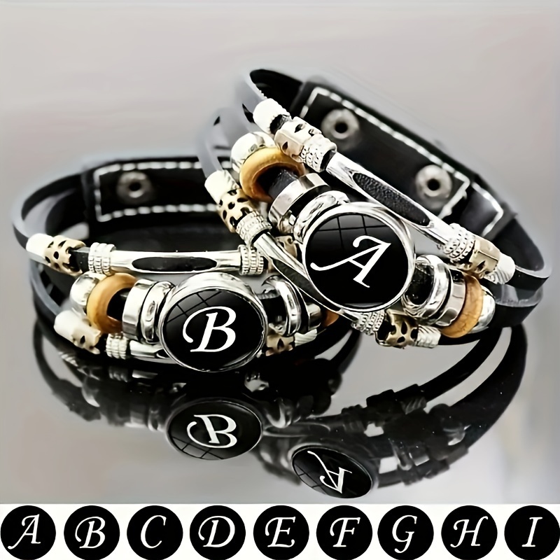

1pc Multilayer Braided Bangle Punk Style A-z Bangle With 26 Alphabet Pu Leather Bracelets With Identification Name For Men And Women