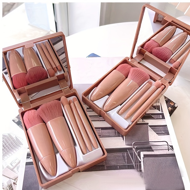 

5pcs Travel Size Makeup Brush Set - Complete Functional Kit With Mirror And Case - Perfect For On-the-go Beauty - Compact And Convenient