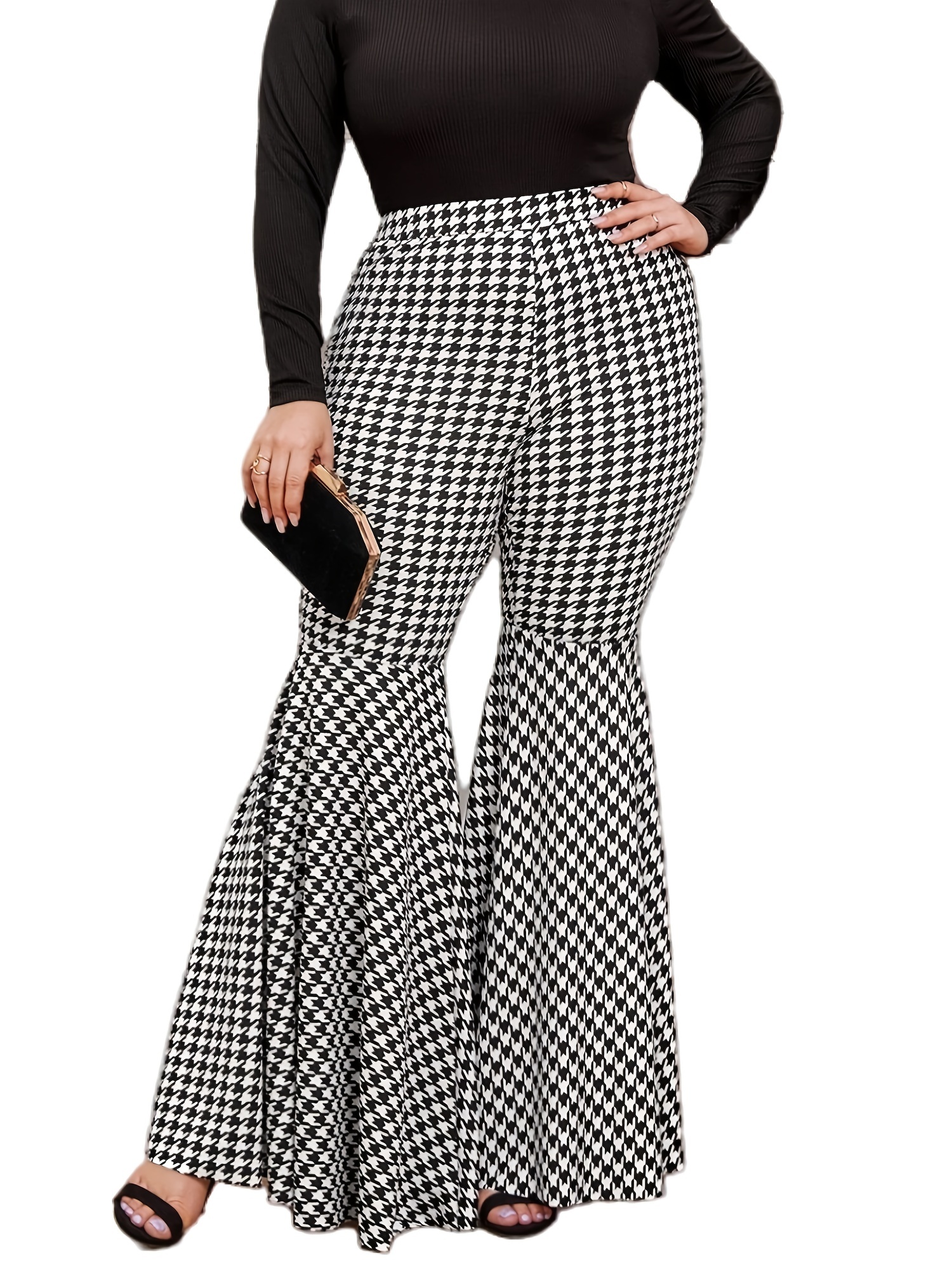 Houndstooth Flared Pants Retro High Rise Plus Women's