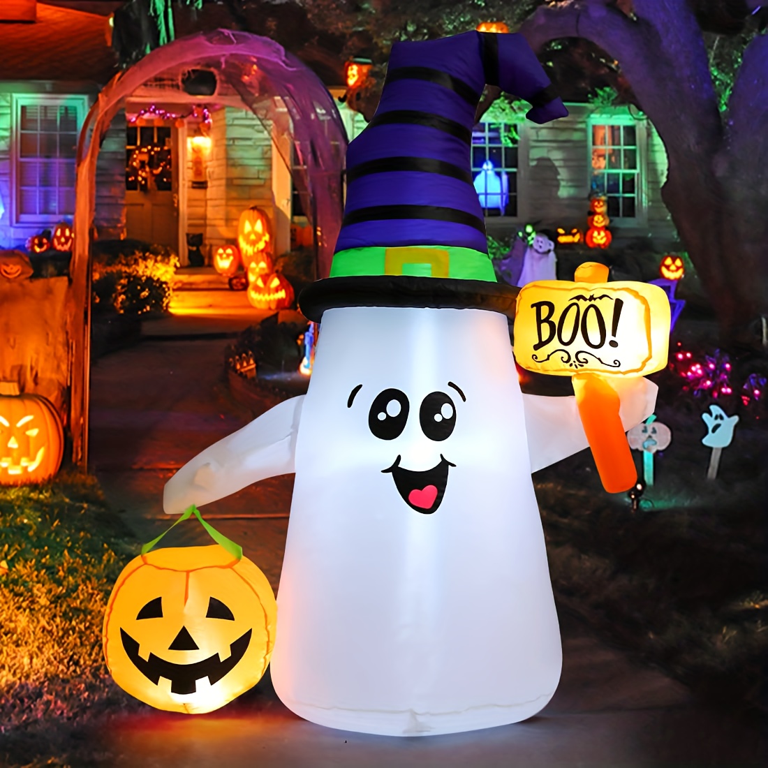 inflatable halloween cute ghost with pumpkin blow up inflatable halloween outdoor yard decoration for indoor outdoor yard party halloween decor light details 5