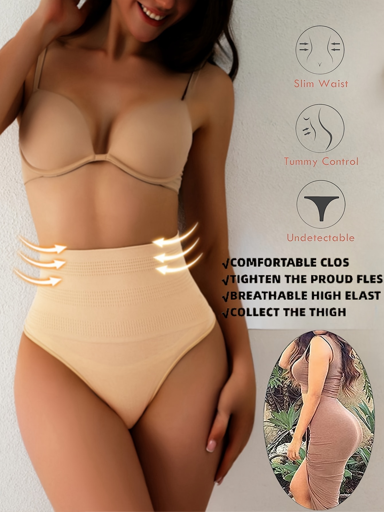 Solid High Waist Shaping Thong, Tummy Control Compression Panties To Lift &  Shape Buttocks, Women's Underwear & Shapewear