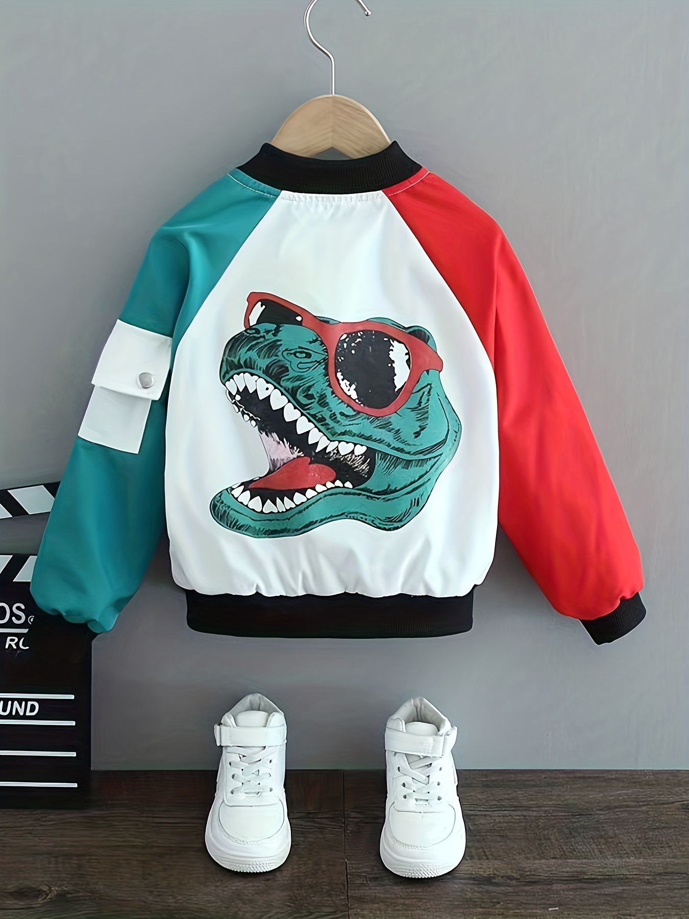 Kid's Dinosaur Print Varsity Jacket, Zip Up Long Sleeve Coat