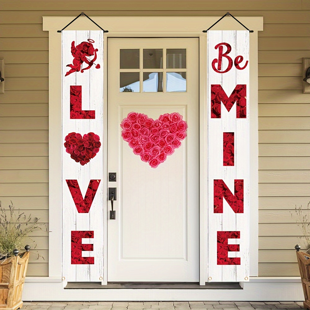 

2pcs, Happy Valentine's Day Front Door Porch Sign, Polyester Love Heart Rose Cupid Retro Wood Grain Background Patio Outdoor Indoor Party Decoration Hanging Banner 11.8x70.8 Inch