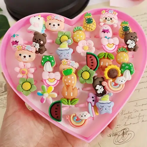 Cute Children's Day Jewelry Plastic Kids Rings for Girls, with Mixed Style  Resin Cabochons, Mixed Color, US Size 3(14mm), 100pcs/box