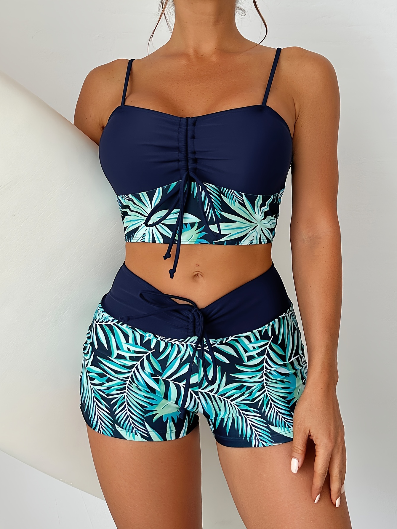 Tropical Leaf Print Drawstring Navy Blue Tankini Spaghetti - Temu