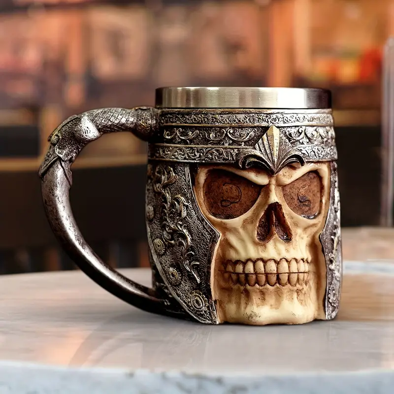 1pc Coffee Mug, Stainless Steel Viking Warrior Skull Beer Mugs Resin Stein  Tankard Drink Cup, Gift For Men Birthday, Skull Lover, Halloween & Bar Deco