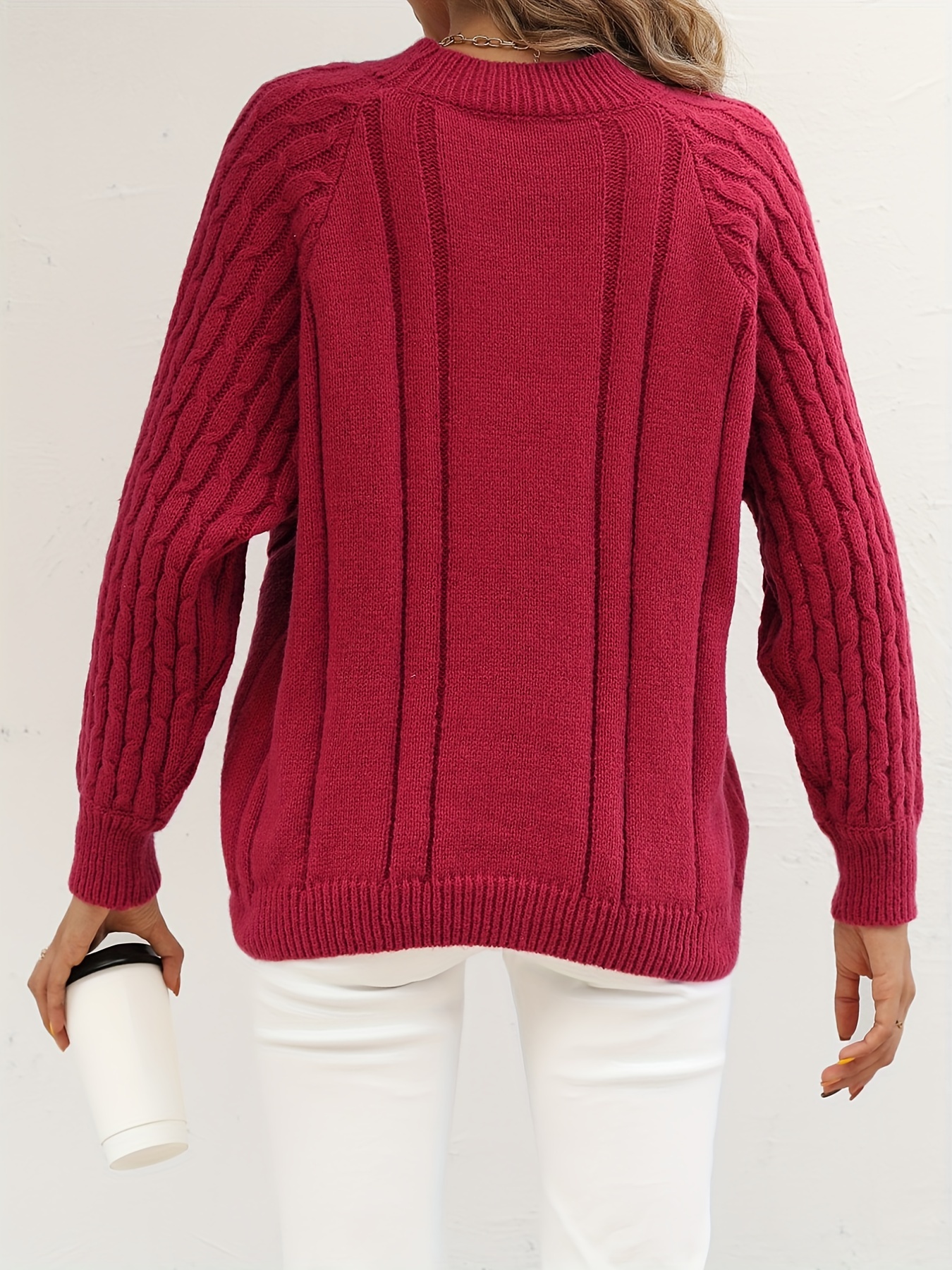 cable knit crew neck sweater casual long sleeve sweater for fall winter womens clothing burgundy 3