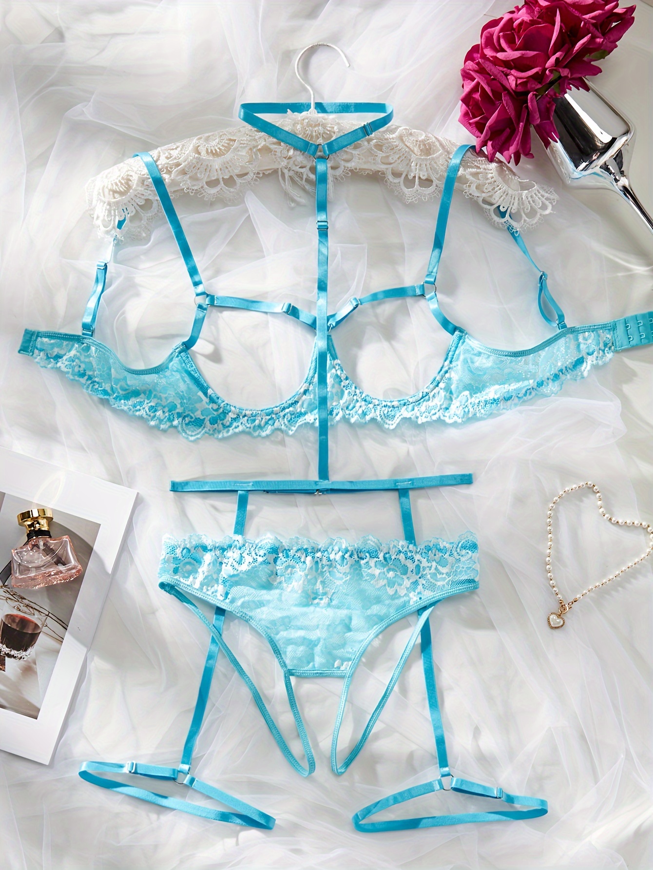 Womens Underwear Embroidery Lace Bra Lingerie With Garter Thong Plus Size  Underwear Set 