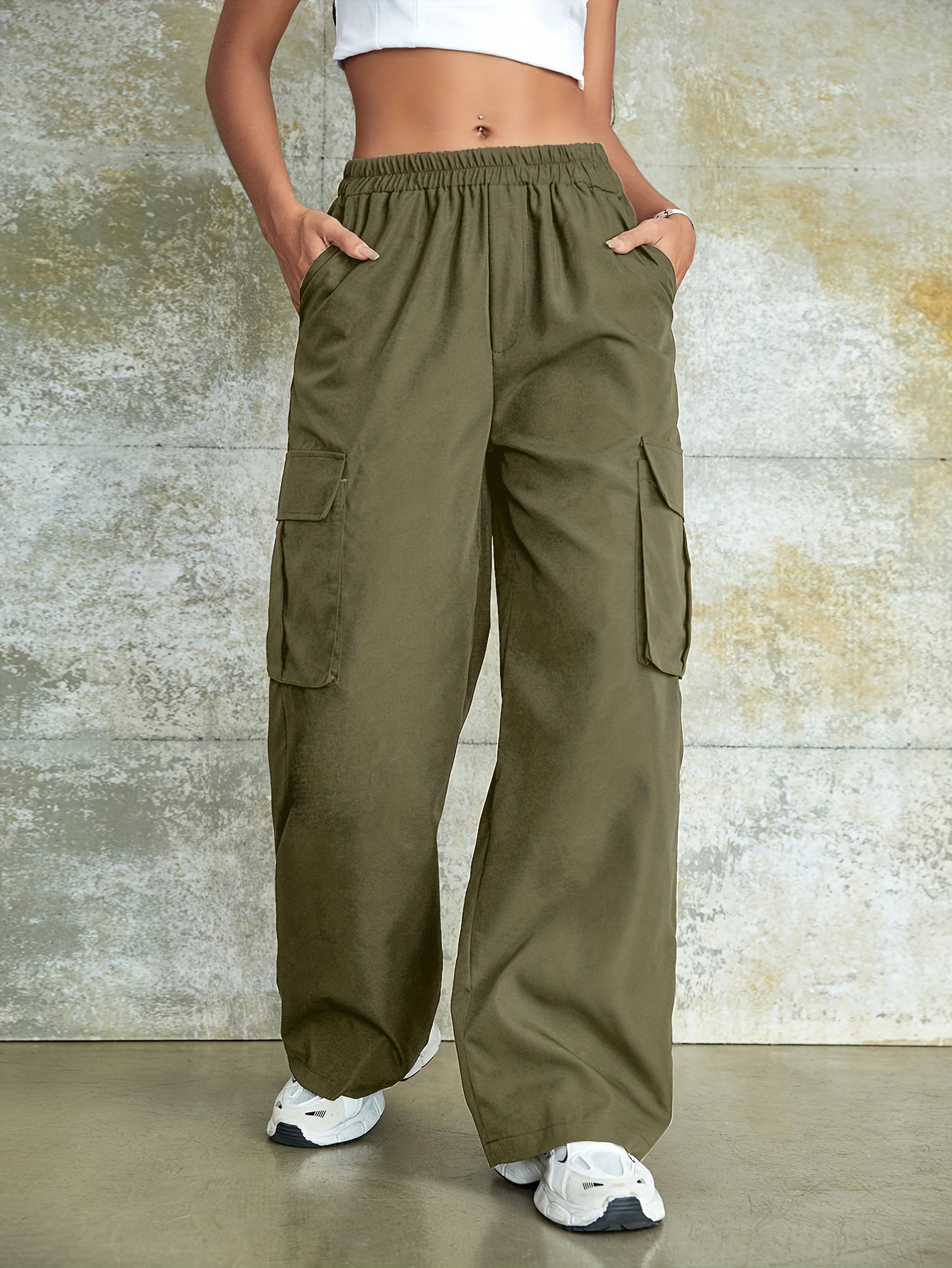 Lolmot Cargo Pants Women Elastic High Waist Baggy Cargo Jeans Flap Pocket  Straight Leg Y2K Streetwear Trousers Denim Pants 