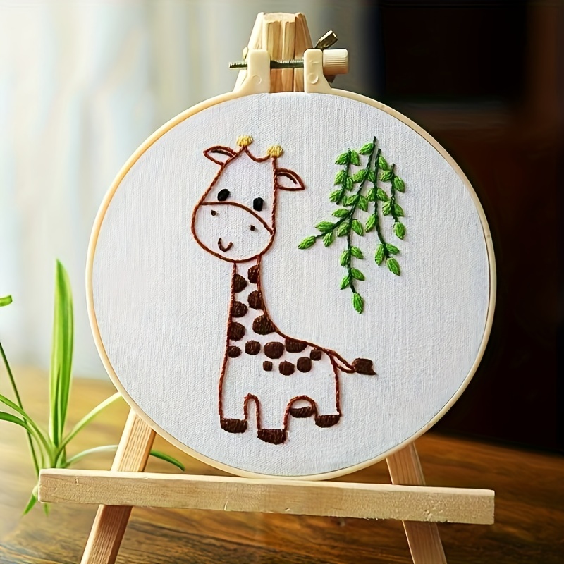 Kraftex Cross Stitch Kits for Beginners (Zoo Animal Theme - 6.75 inch - 4pk 1x Embroidery Hoop) DIY Embroidery Needlepoint Patterns F