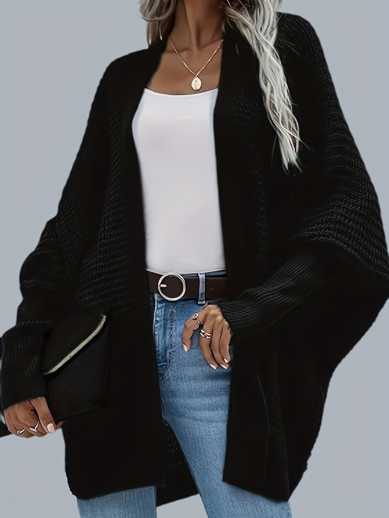 Solid Open Front Knit Cardigan Casual Batwing Sleeve - Temu