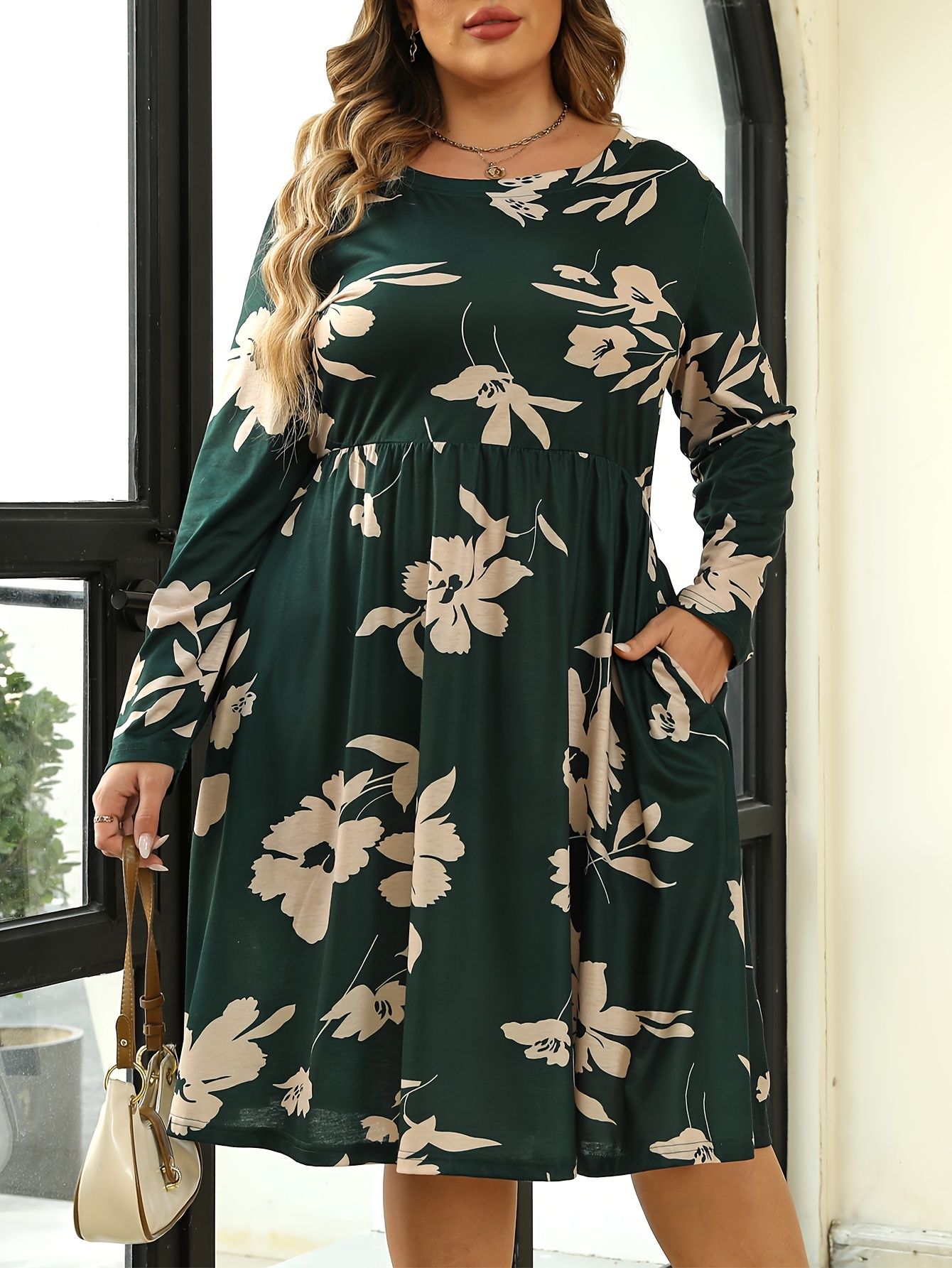 Plus Size Casual Dress, Women's Plus Solid Ribbed Long Sleeve Round Neck  High Stretch Knee Length Dress