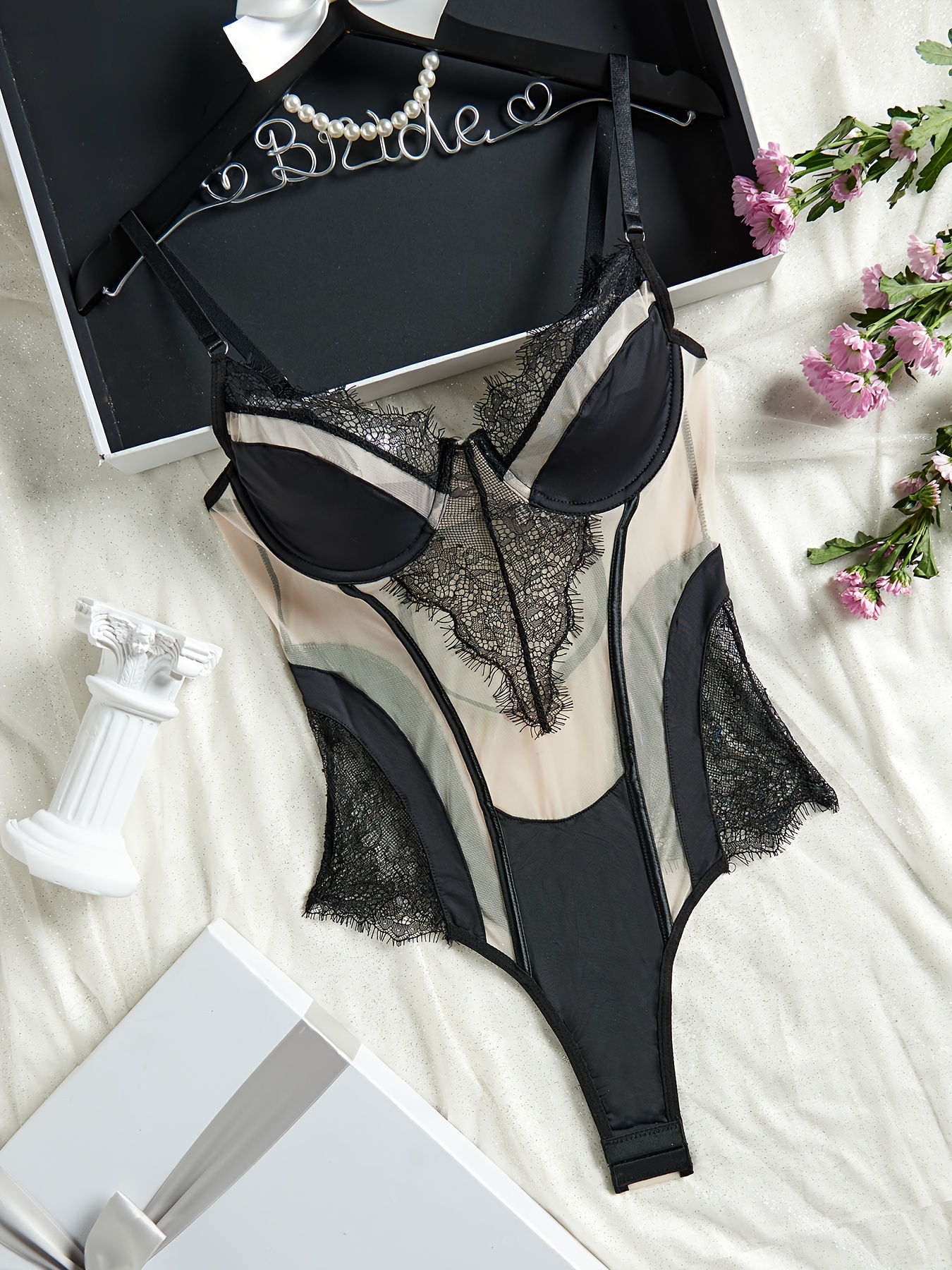 Floral Lace Halter Strappy Teddy Deep V Backless Thong - Temu