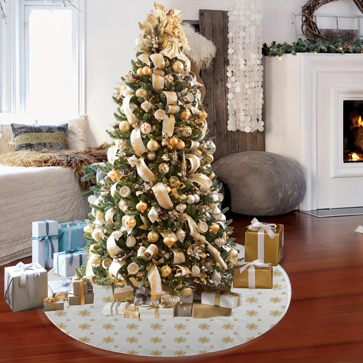 White Christmas Tree Skirt Golden Tree Snowflake Decor Tree - Temu