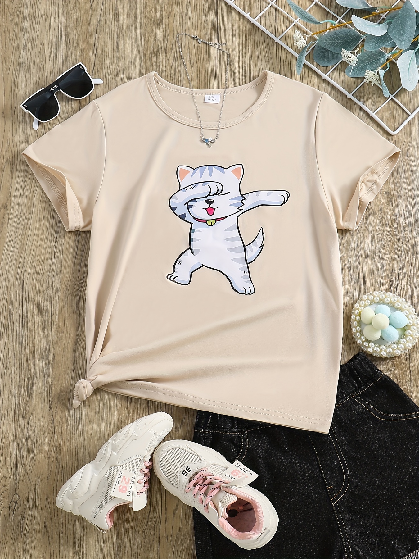 Girls' Casual T-Shirt Cartoon Cat Graphic Comfort Fit Crew Neck Tees Top Kids Summer Clothes