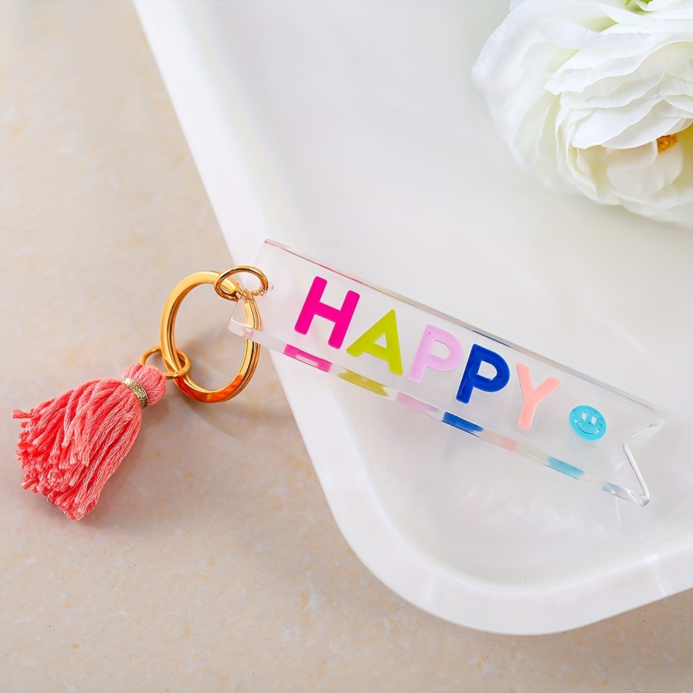 

1pc Long Happy Transparent Keychain Happy Key Ring Pendant Tassel Pendant For Bag, Wallet Car Key, Keychain Pendant Ornament