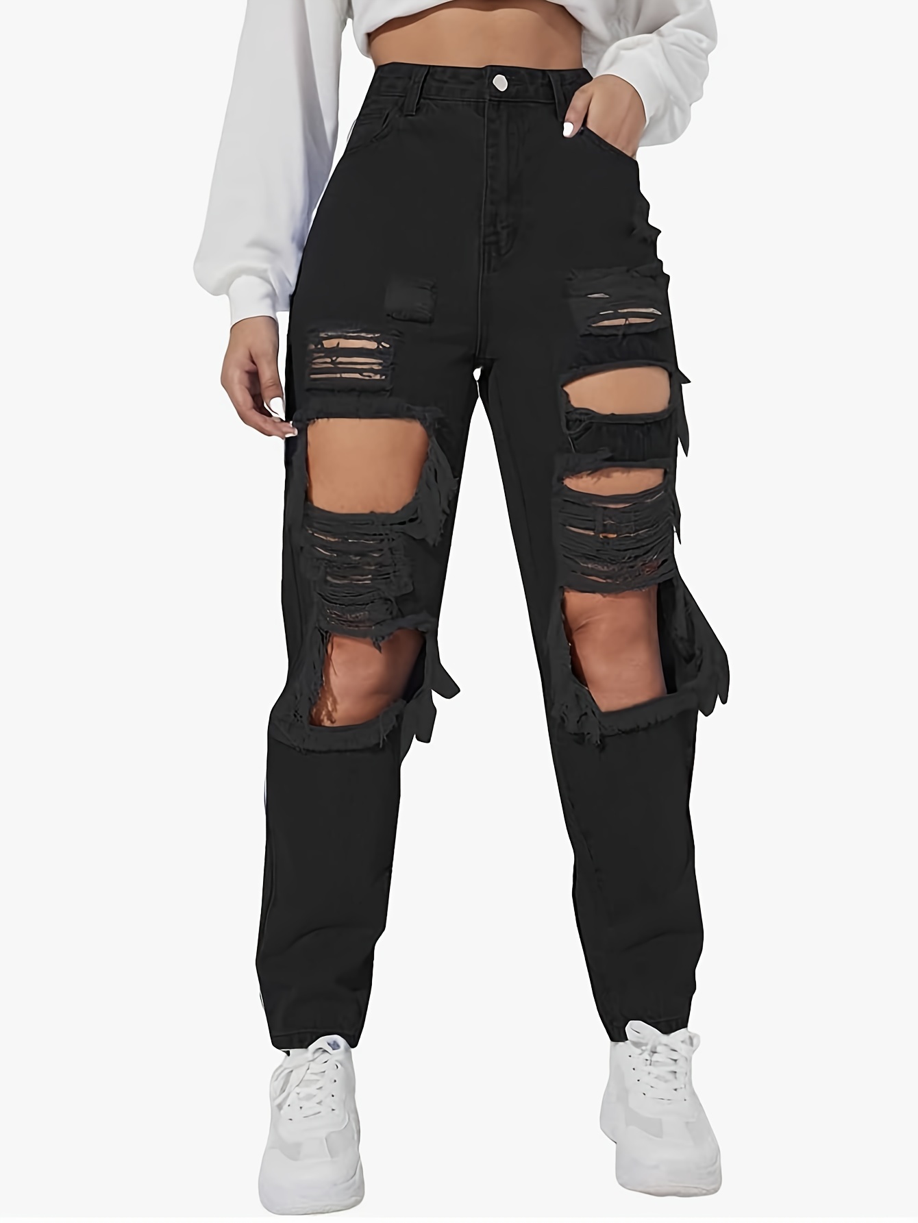 Jeans negros rasgados con corte en la rodilla, pantalones de mezclilla  sueltos con cierre de cremallera y botón de talle alto, pantalones de  mezclilla