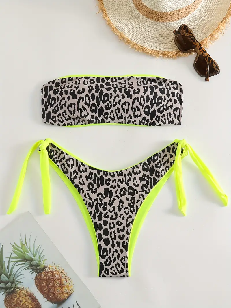 Leopard Print Color Block Neon Color Bikini Bandeau Tie Side - Temu