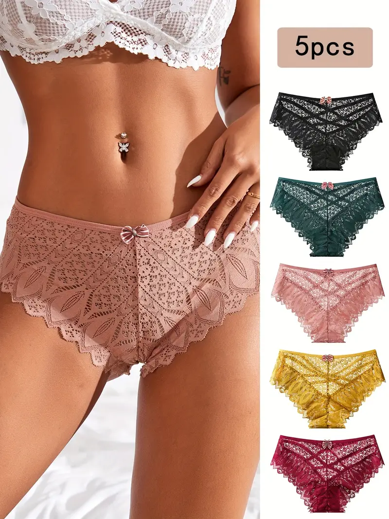 5pcs floral lace bow tie panties criss cross hollow out scallop trim panties womens lingerie underwear details 3