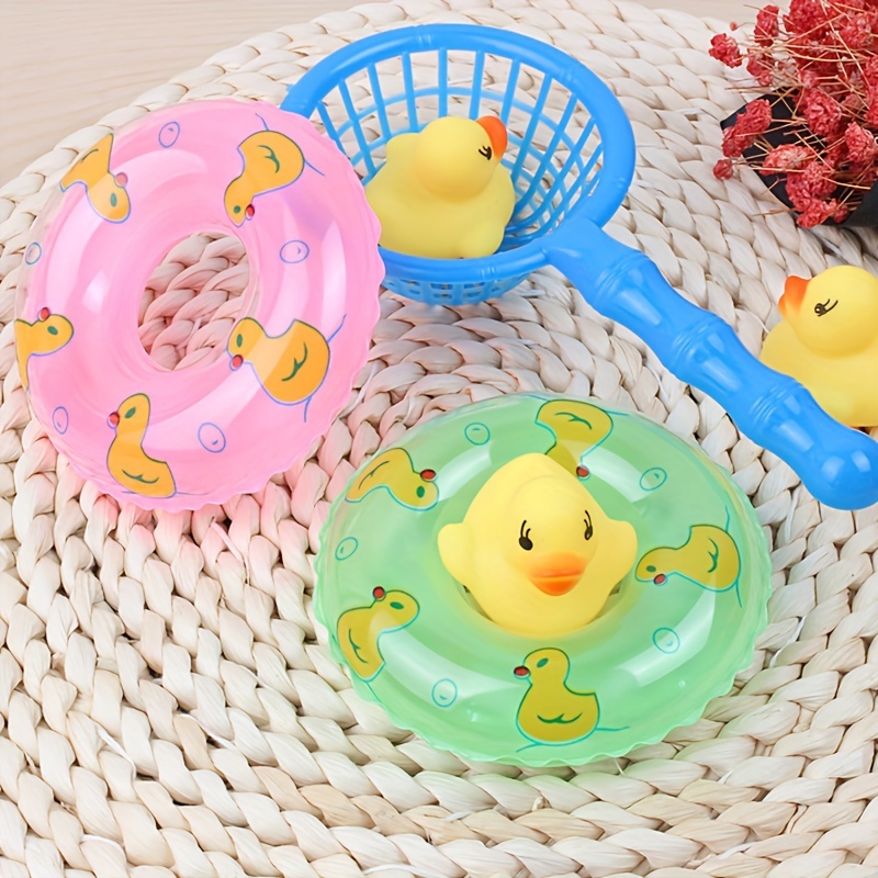 5 Mini Yellow Rubber Ducks with Fishing Net, Baby Toddler Bath Toy, Great  for Paddling Pool Games and Bathtub Play (One Pack)