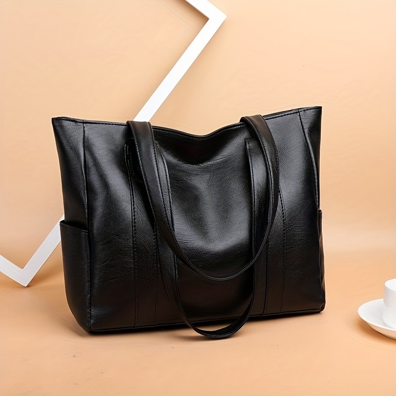 Solid Color Tote Bag Large Capacity Shoulder Bag Pu Leather - Temu