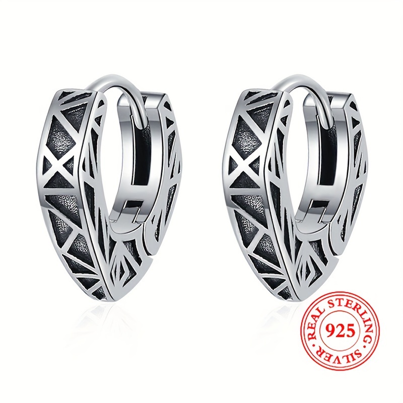 

Creative Hoop Earrings 925 Sterling Silver Hypoallergenic Jewelry Vintage Punk Style With Geometric Heart Pattern Female Gift