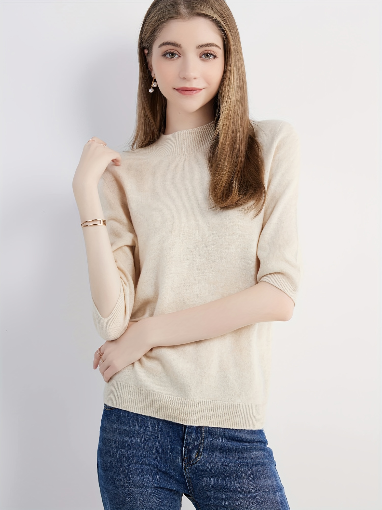 100% Merino Wool Sweater Elegant Mock Neck Knitted Pullover - Temu