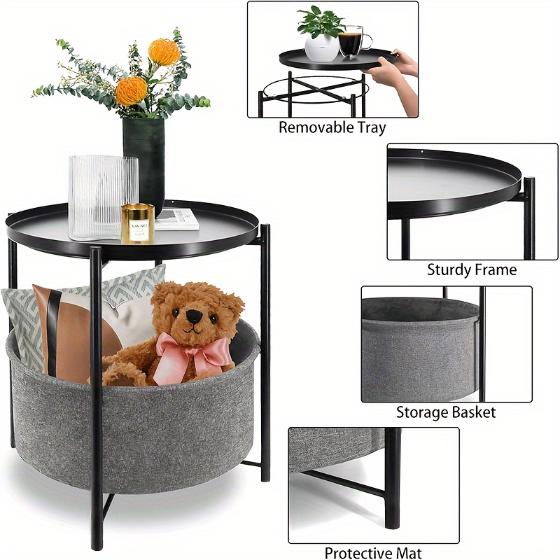 Round side table store with storage basket