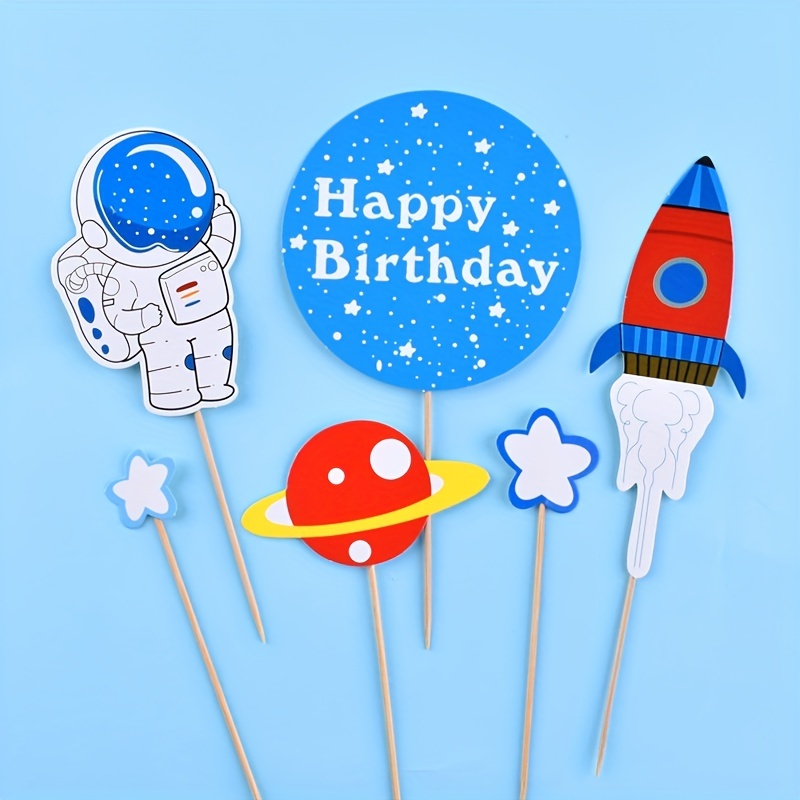 Astronaut Space Cake Toppers Outer Space Astronaut Figurines Planet Rocket cake  insert Kids Birthday Party Supplies Baby Shower