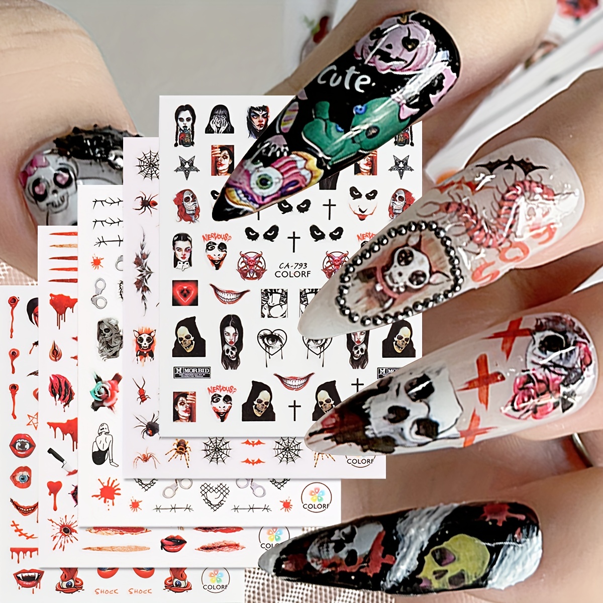 6 Sheets Gothic Nail Art Stickers Decal 3D Goth Horror Nail Art