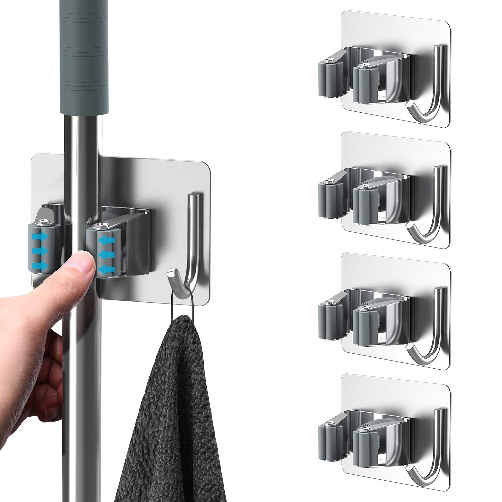 

1pc Mop Broom Holder No Drill Sus304 Stainless Steel Mop Broom Wall Hanging Heavy Hook Hanger Self Adhesive For Bathroom Kitchen Office Rv Kitchen