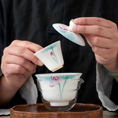 1 set tea set lotus tea set chinese fu ceramic teapot portable handmade teaware creative tea cup covered bowl tea set for office living room travel camping tea set for gift