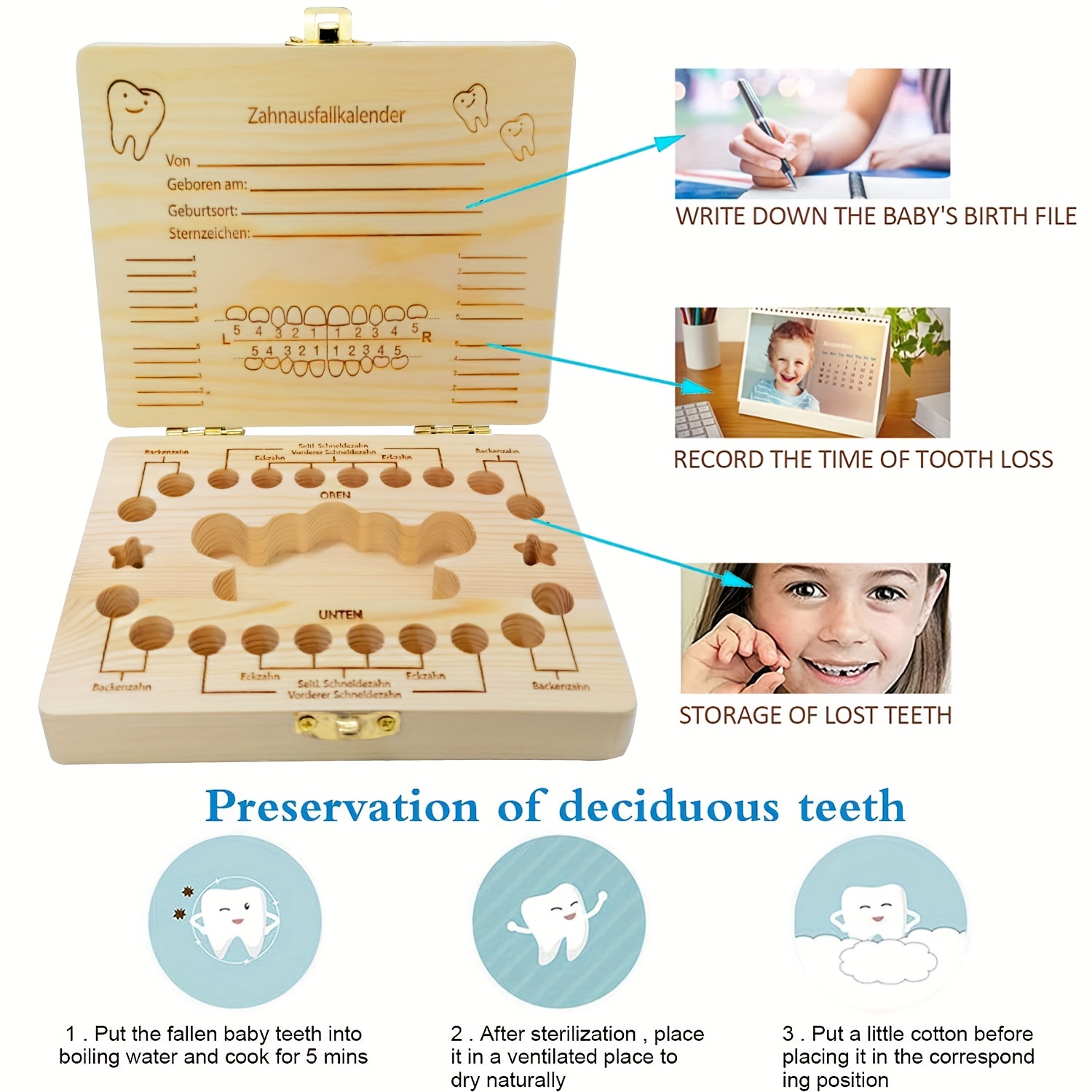 Caja De Almacenamiento De Dientes Deciduos De Madera De - Temu