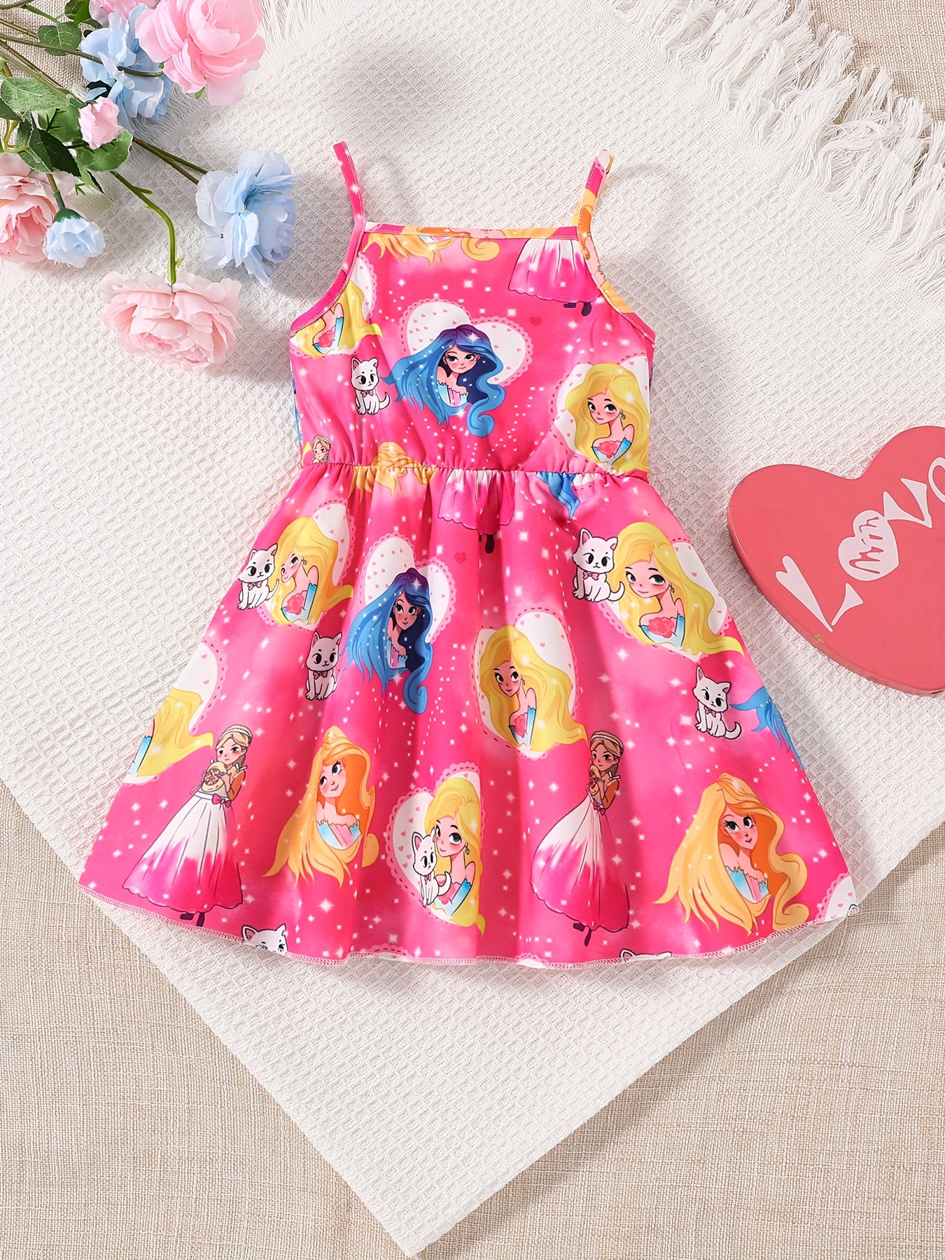 Baby Girls Cute Cartoon Print Pleated Dress, Princess Dresses