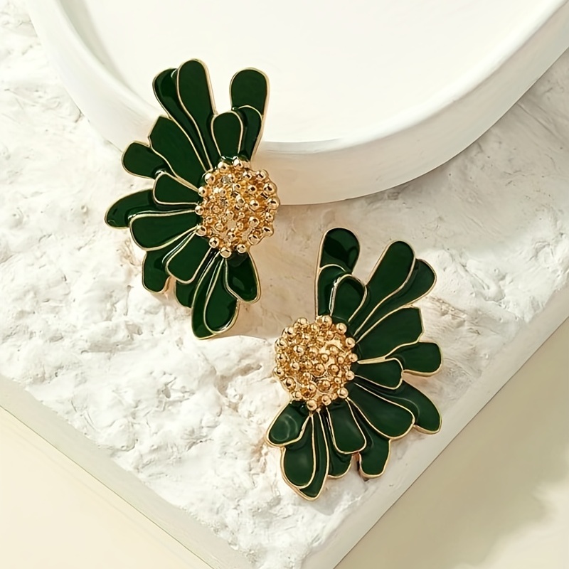 Green Flower Enamel Stud Earrings, 18K Plated