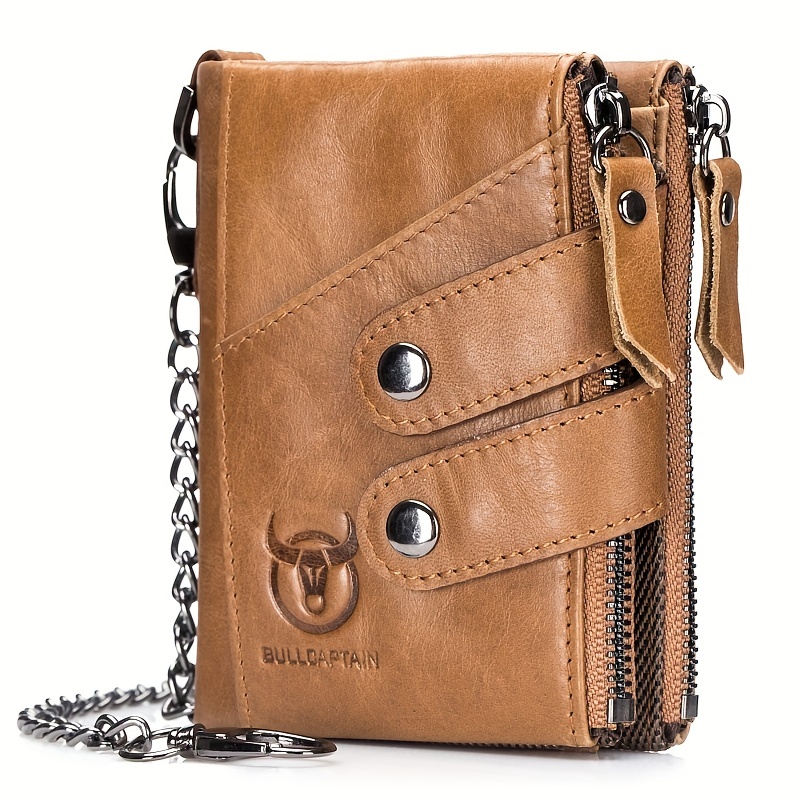 

Men's Genuine Leather Short Wallet With Chain, Rfid Blocking Wallet, Multi-card Card Holder, Double Zipper Coin Pocket, Money Clip, Gift For Men