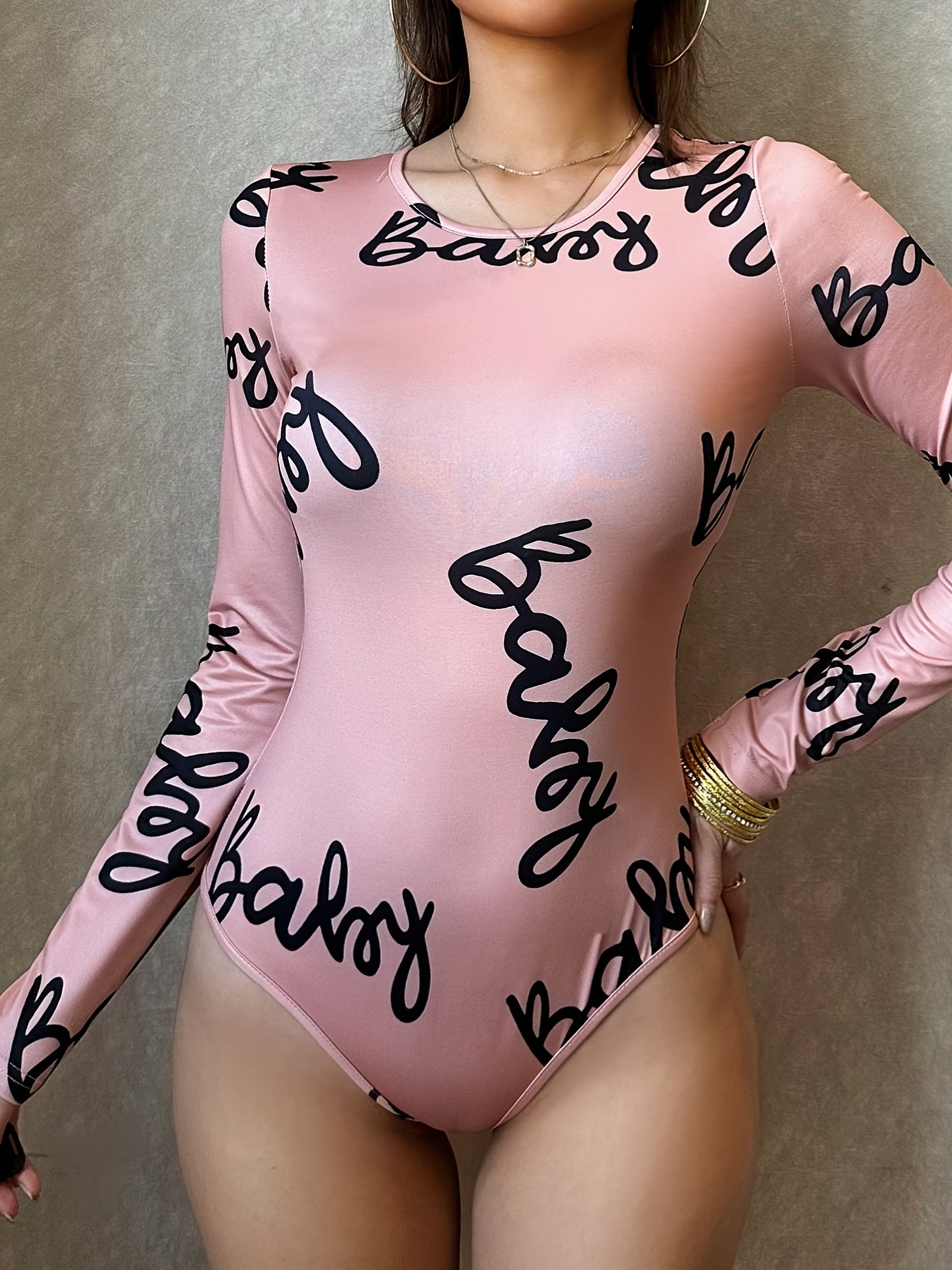 What Is Bodysuitwomen's Sexy Letter Print Bodysuit - Long Sleeve