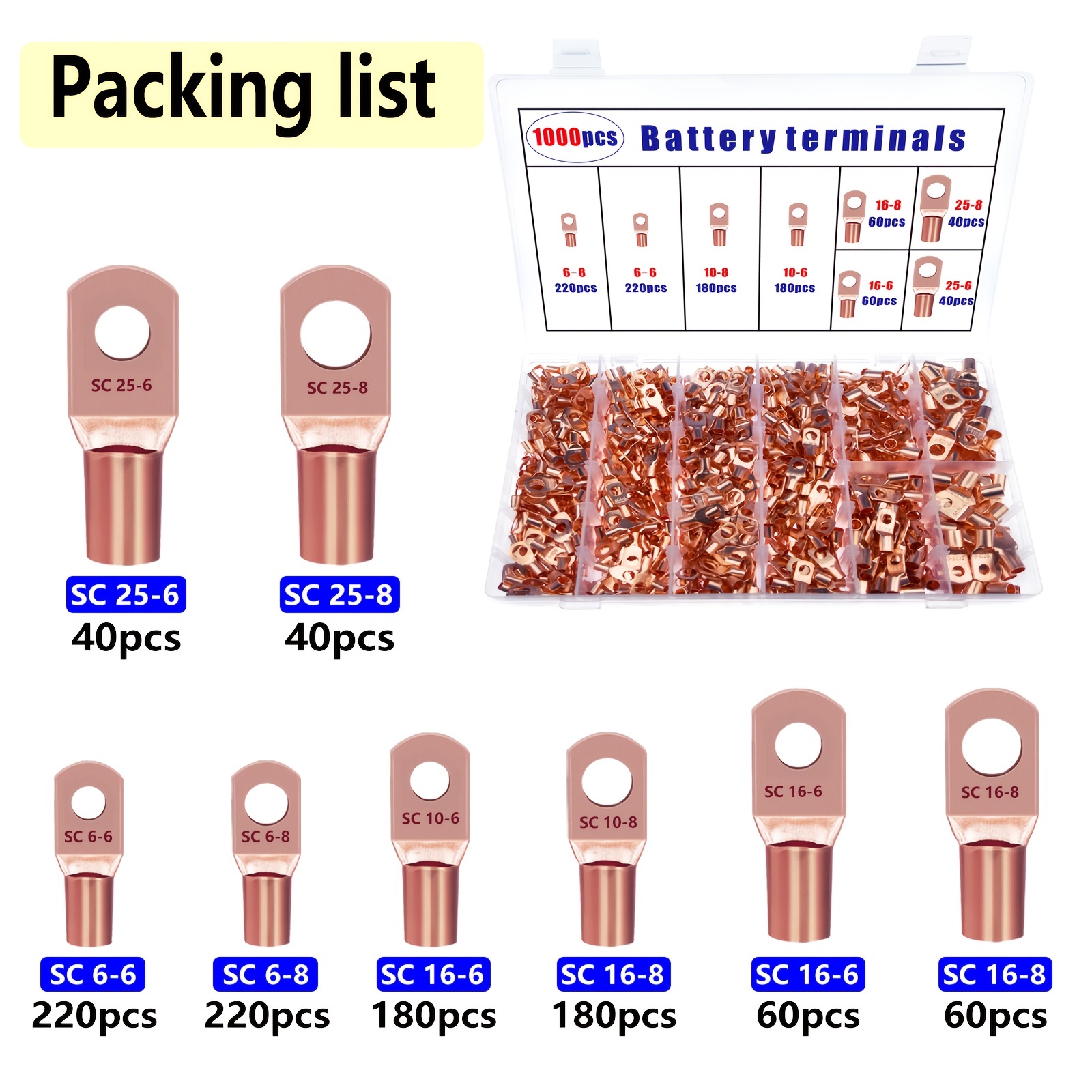 1000pcs Copper Terminal Box Sc Series Bare Terminals Cold Pressed Terminal  Heads Battery Connector Classification Tool Kit Suitable Vehicles Ships Battery  Terminals Battery Cables Battery Terminal Wiring Sheets Battery Connectors  - Industrial