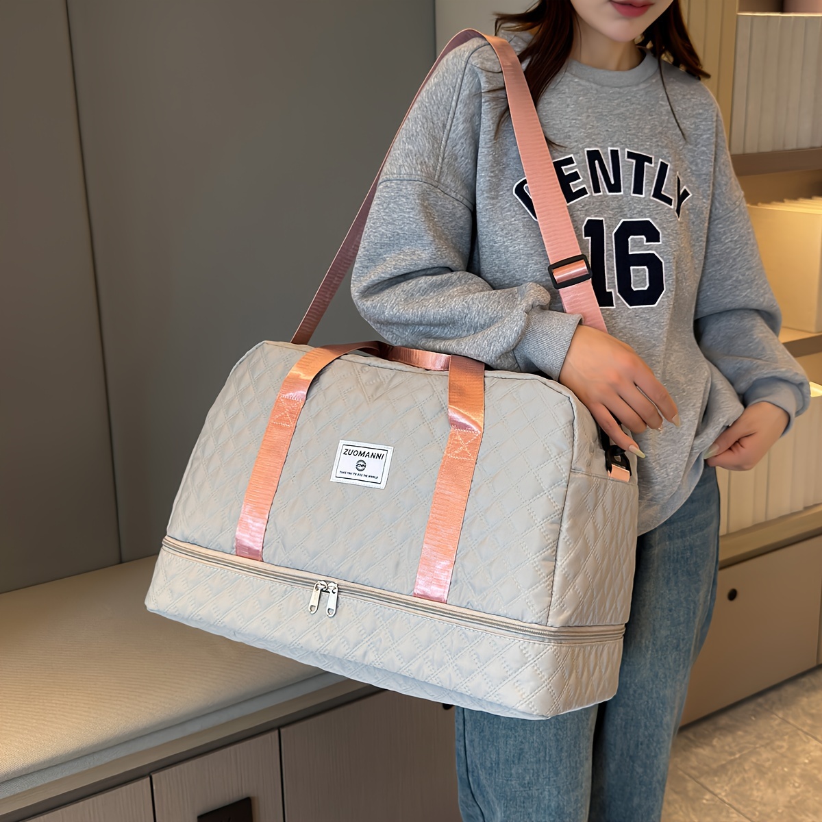 lightweight argyle pattern luggage bag large capacity travel duffle bag portable overnight bag details 22