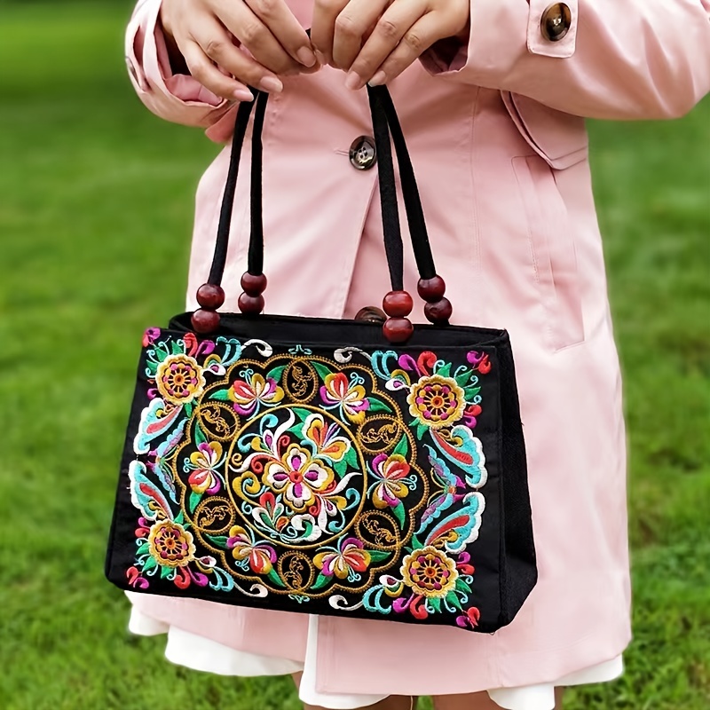 Hand Embroidery Rose Shoulder Bag Canvas Tote Bag With 