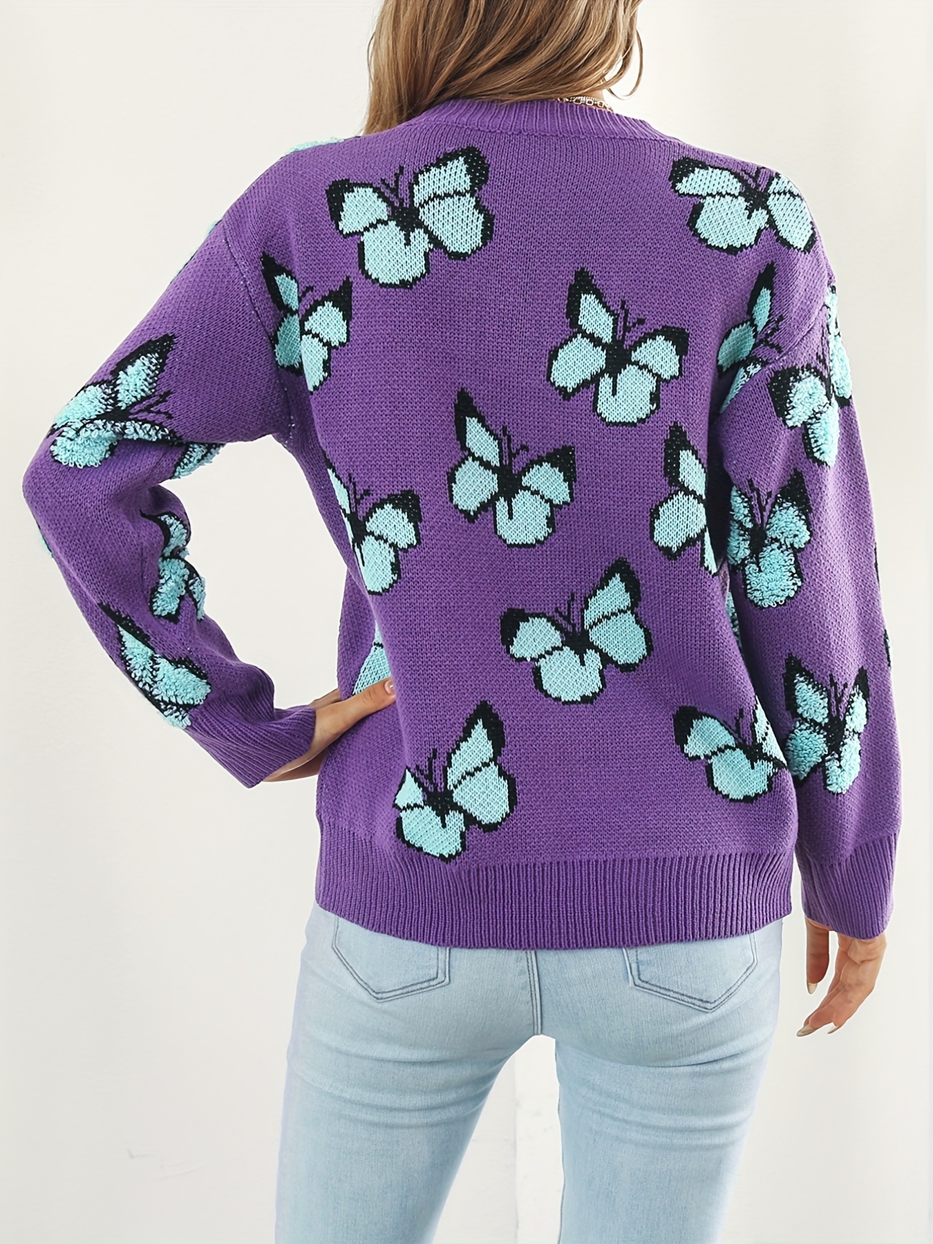 スタイリッシュな蝶柄セーター カジュアルクルーネック長袖