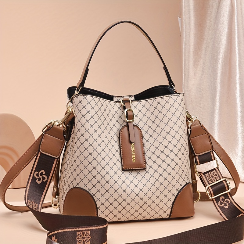 Letter Detail Bucket Bag, Fashion Top Handle Purse, Stylish Faux Leather  Shoulder Bag 