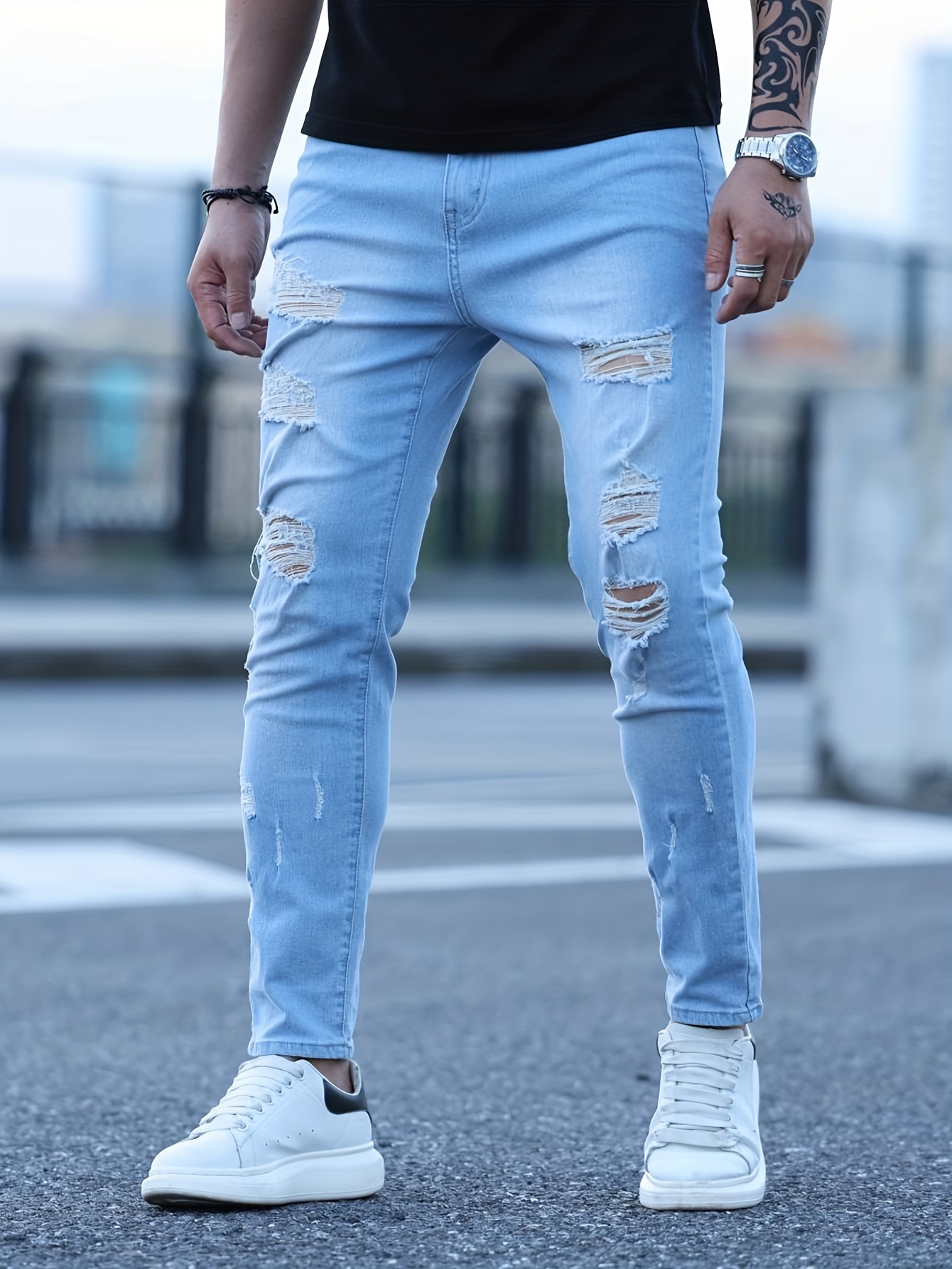 Loose Fit Ripped Jeans Men's Casual Street Style Distressed - Temu