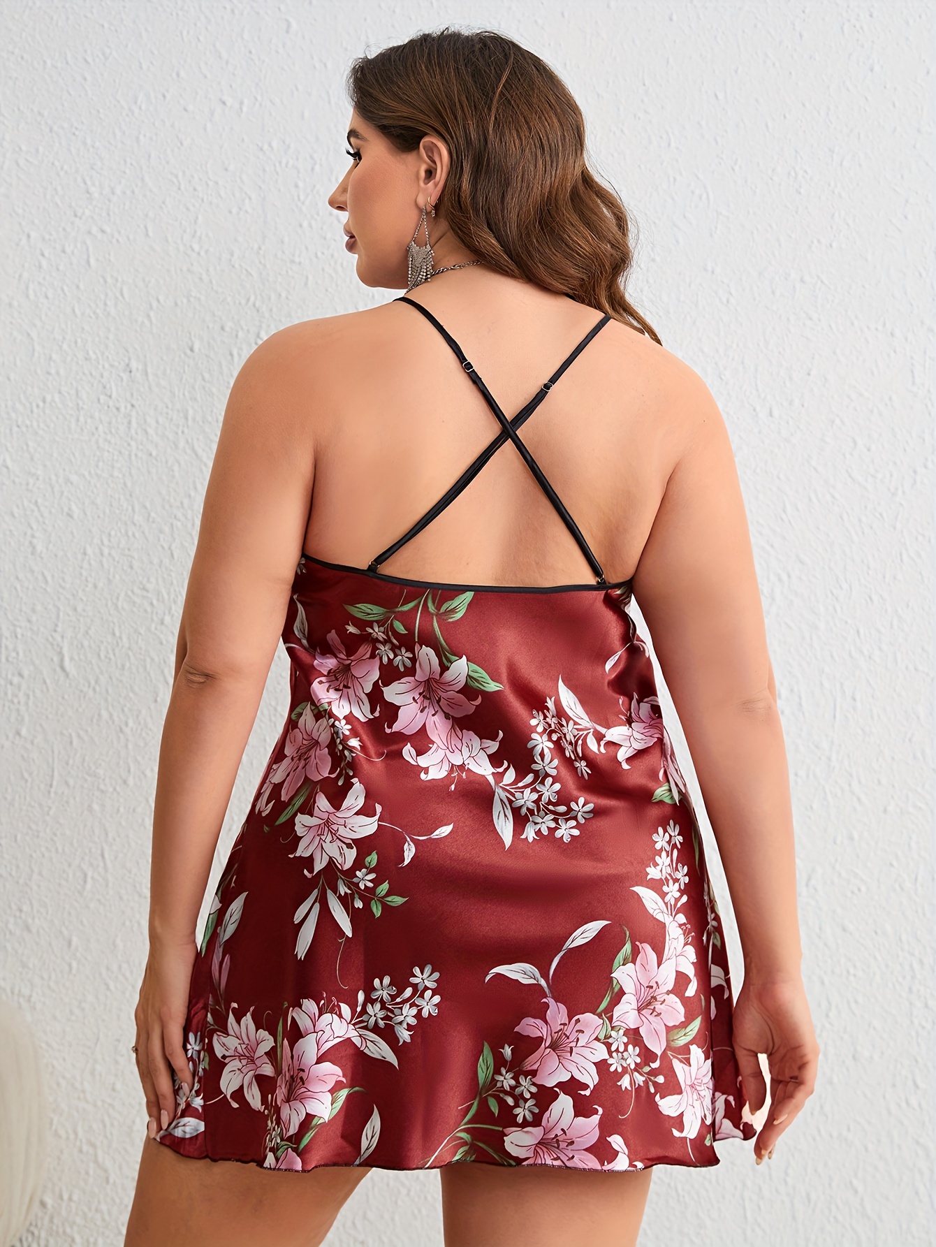 Conjunto De Bata De Baño Elegante De Talla Grande, Vestido Camisola Con  Cuello Redondo Y Camisón De Satén Con Estampado Floral Para Mujer, Conjunto  De