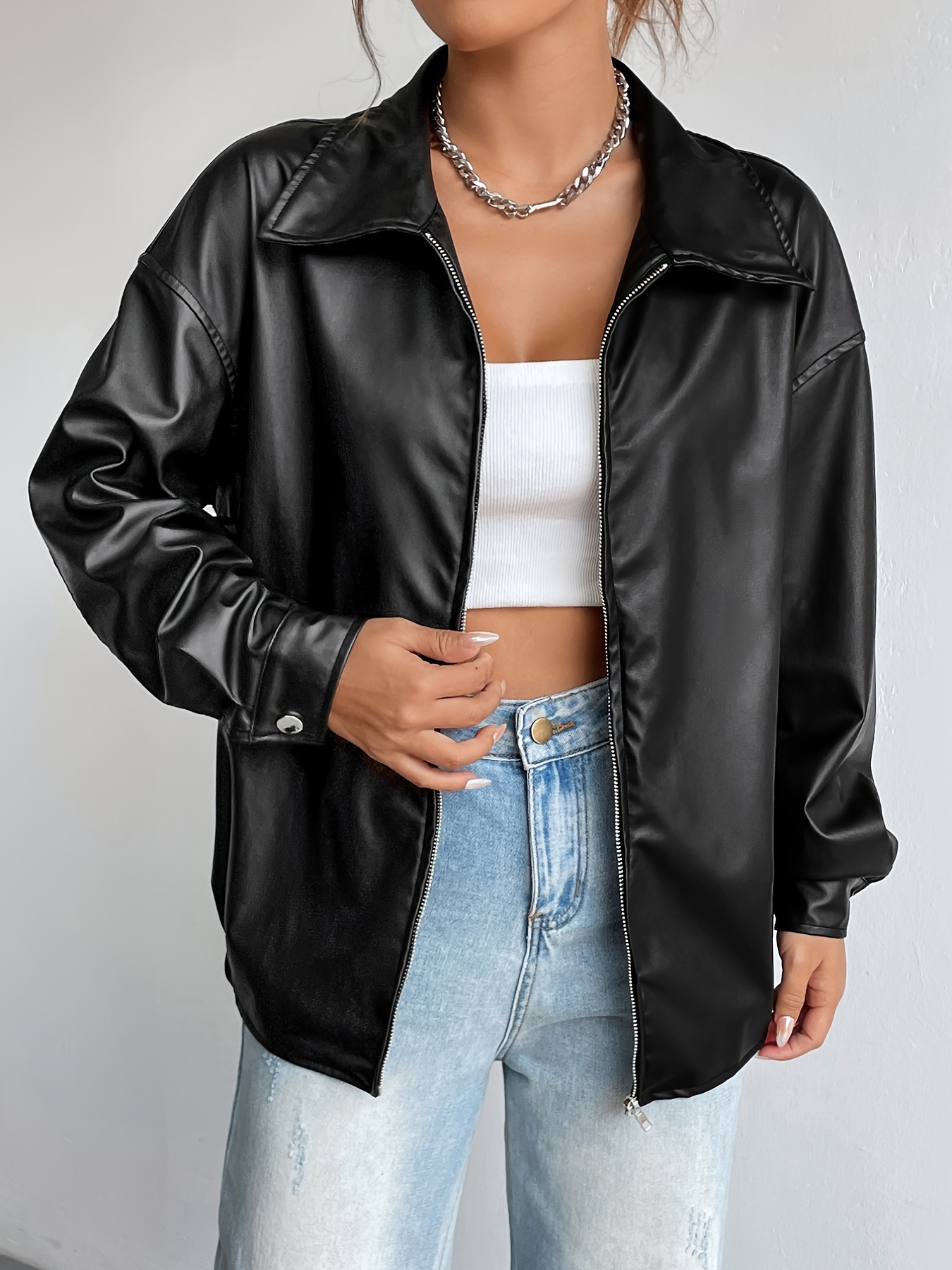 Y2k Pu Leather Bomber Jacket For Women Streetwear Retro Punk Stand