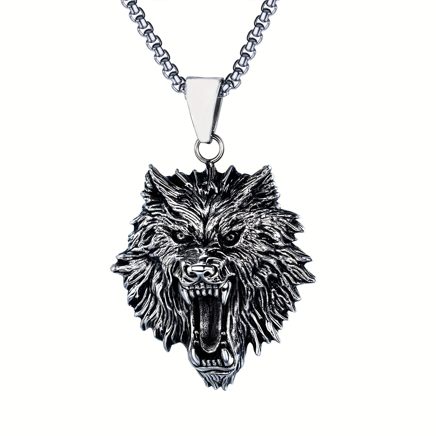 1pc Men's Retro Wolf Head Pendant Necklace, Hip Hop Style Alloy Necklace, Creative Birthday Gift