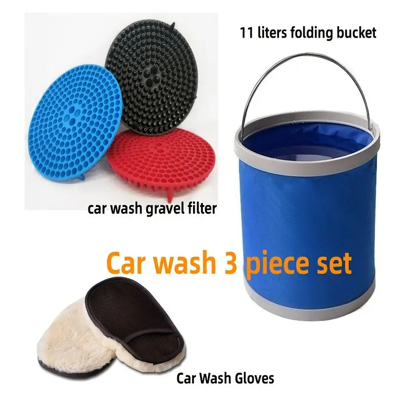 3-piece Set Car Wash Tools, Car Wash Gravel Filter, 11-liter Folding  Bucket, Car Wash Gloves, Car Wash Cloth, Camping Bucket, Auto Accessories