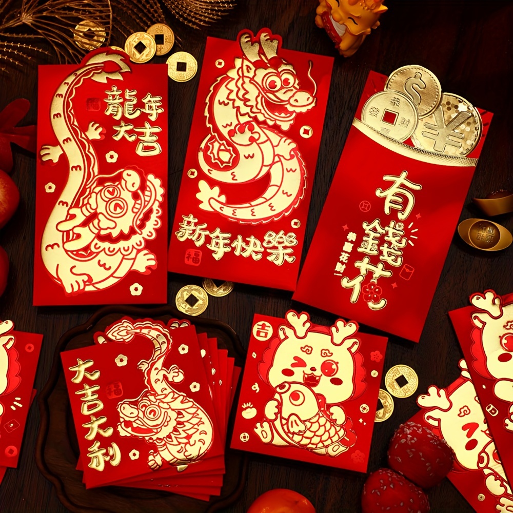 Rotyroya Lot de 6 8 enveloppes rouges pour le Nouvel An chinois 2023,  enveloppe rouge motif dessin animé forme irrégulière souhaits sincères 2023
